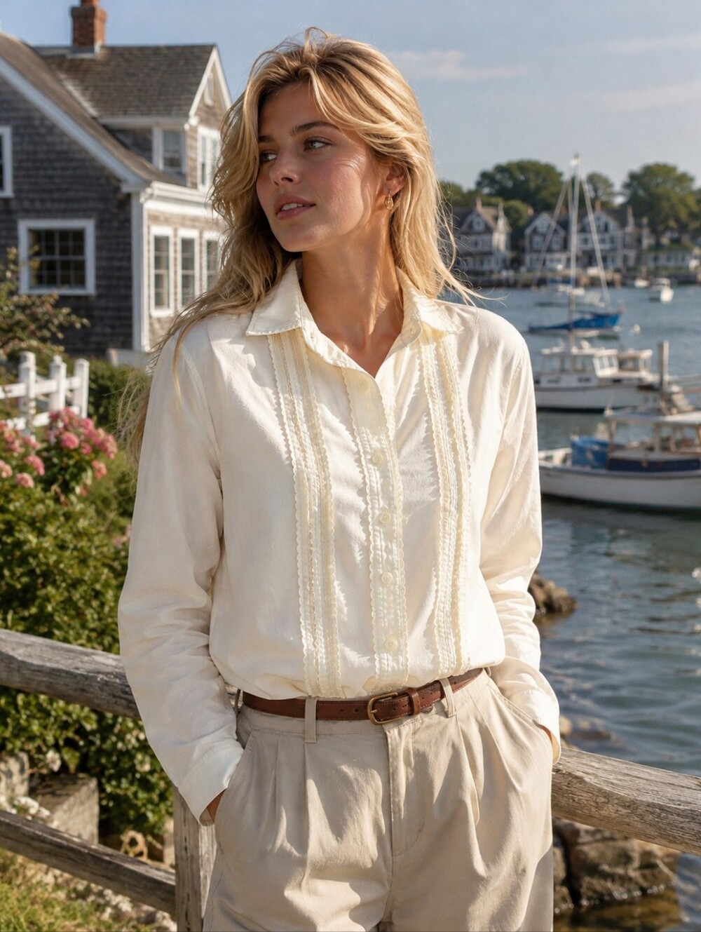 Vintage Lauren Ralph Lauren 100% Cotton Cream Pintuck Button-Down Blouse Size 10